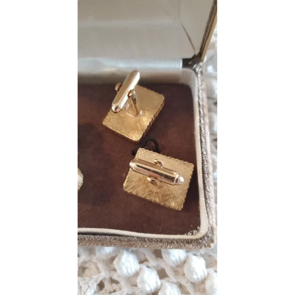 Vintage Dante‎ Genuine Tiger Eye Mens Cufflinks Set Mesh Wrap Gold Tone Boxed